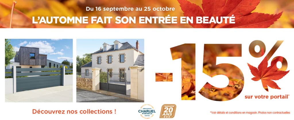 Bénéficiez de -15% de remise sur votre portail alu ou pvc fabriqué sur mesure en bretagne et installé par nos experts Charuel près de chez vous 