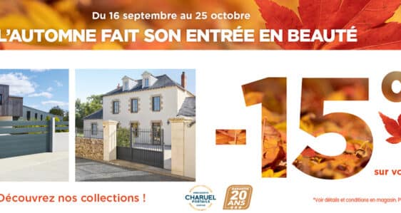 Bénéficiez de -15% de remise sur votre portail alu ou pvc fabriqué sur mesure en bretagne et installé par nos experts Charuel près de chez vous